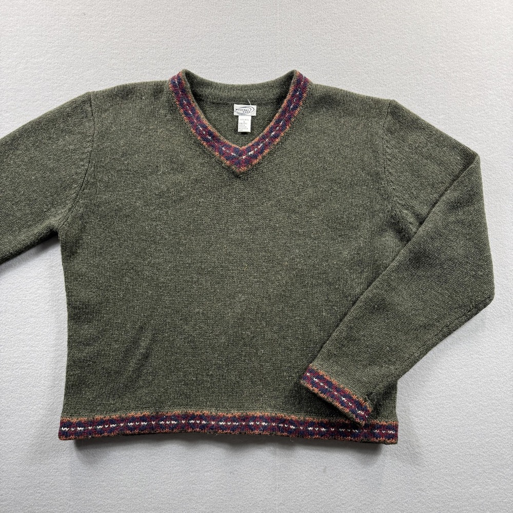 VTG Weather Vane Sweater‎ Womens Large Green Fair Isle V Neck Wool Pullover Knit